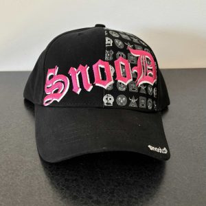 Black cap with pink Snood Lettering